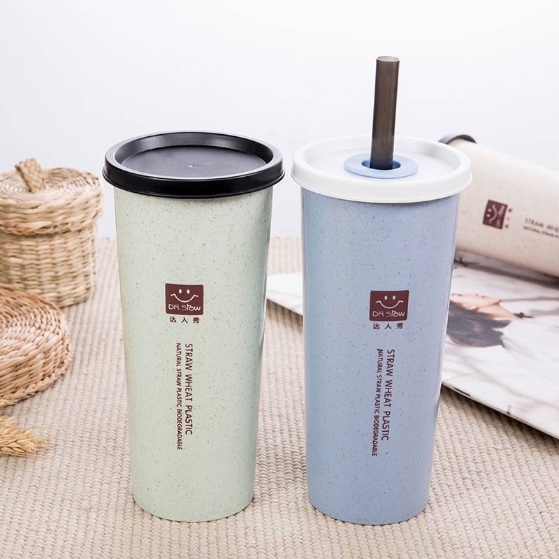 Wheat Cup with Straw and Double Lid Drinkware Kitchen Accessories cb5feb1b7314637725a2e7: Beige|Blue|Green|Pink