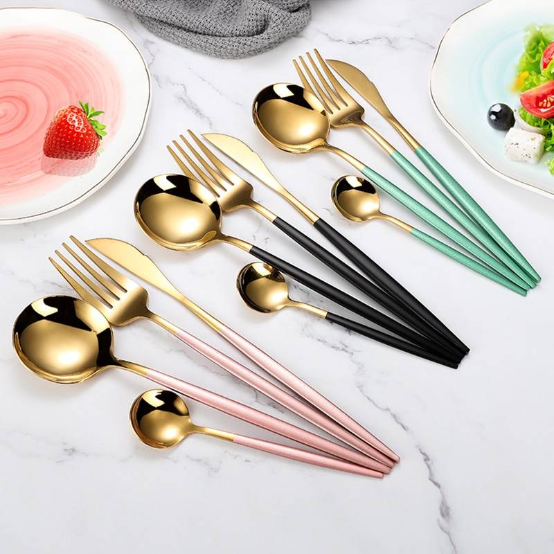 Two Tone Design 4 Pcs Cutlery Set Dinnerware Kitchen Accessories cb5feb1b7314637725a2e7: Black|Black Gold|Black Silver|Gold|Green Gold|Green Silver|Pink Gold|Pink Silver|Rainbow|Silver|White Gold|White Silver